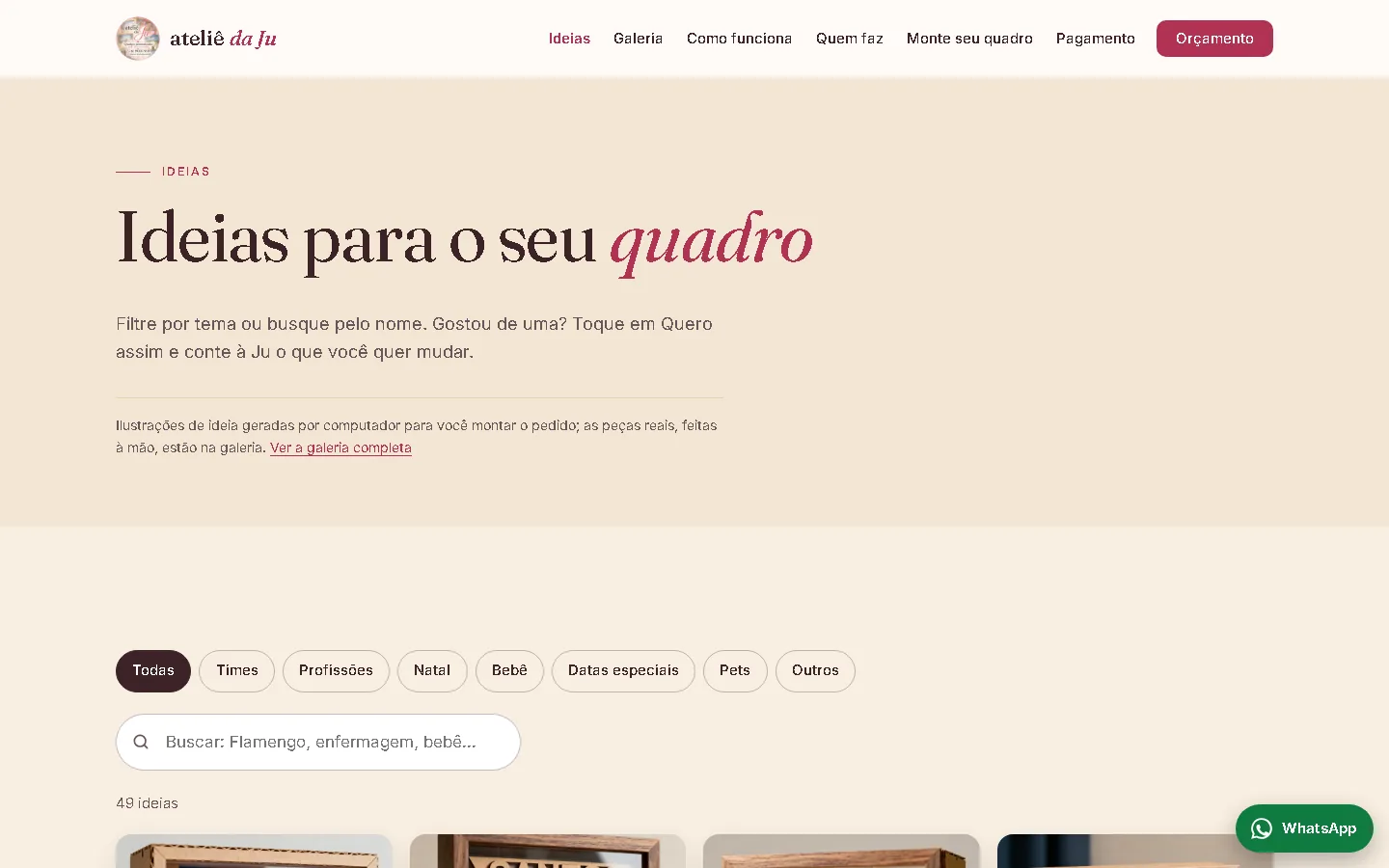 Página de ideias do Ateliê da Ju com ilustrações de quadros