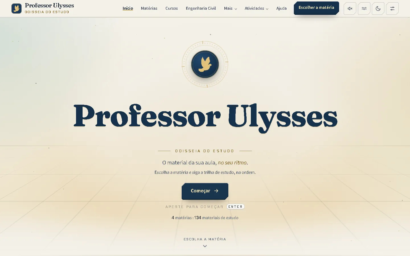 Página inicial da plataforma Professor Ulysses em tela larga